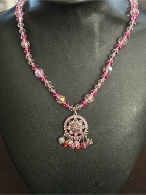 Vintage Swarovski Pink And Lavender Crystal Beaded Floral  Statement Necklace